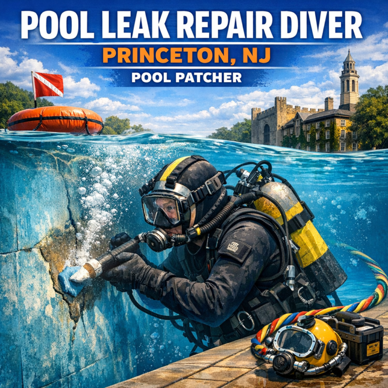 Professional diver repairing an underwater pool leak in Princeton, NJ, using patching equipment.