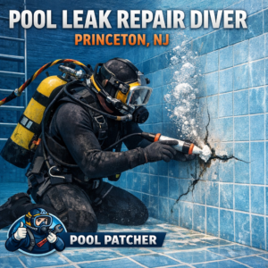 Professional diver repairing cracks underwater in a swimming pool in Princeton, NJ for leak repair.
