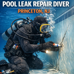 Professional diver repairing a leak underwater in a swimming pool in Princeton, NJ.