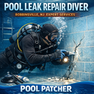Diver in full gear repairing cracks underwater in a swimming pool in Robbinsville, NJ.
