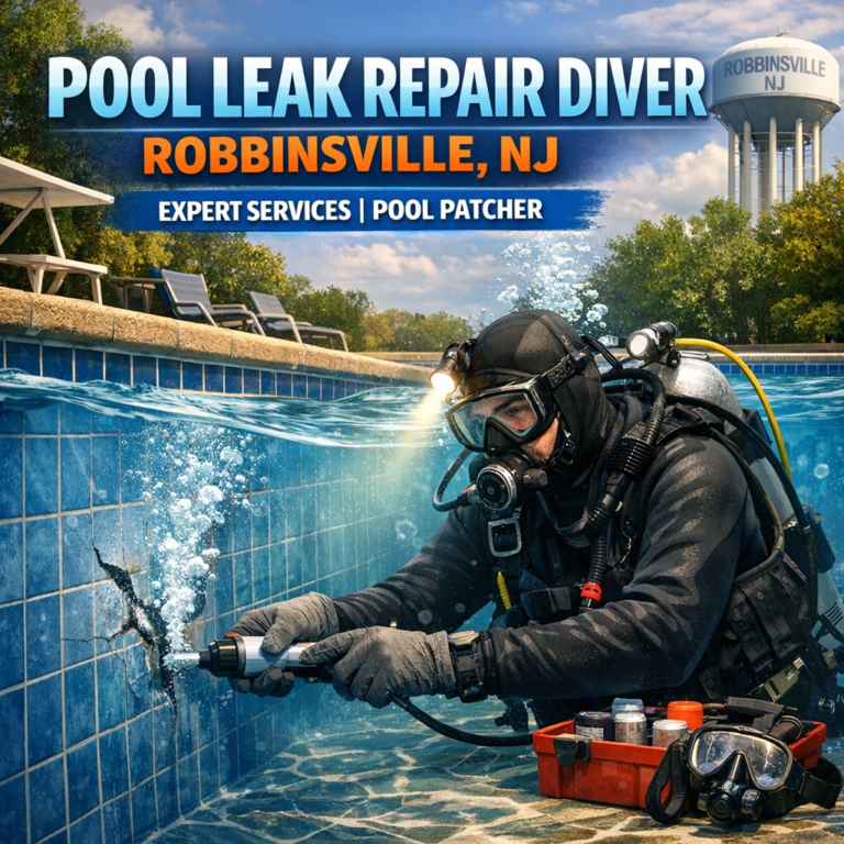Professional diver repairing a pool leak underwater, providing expert patching services in Robbinsville, NJ.