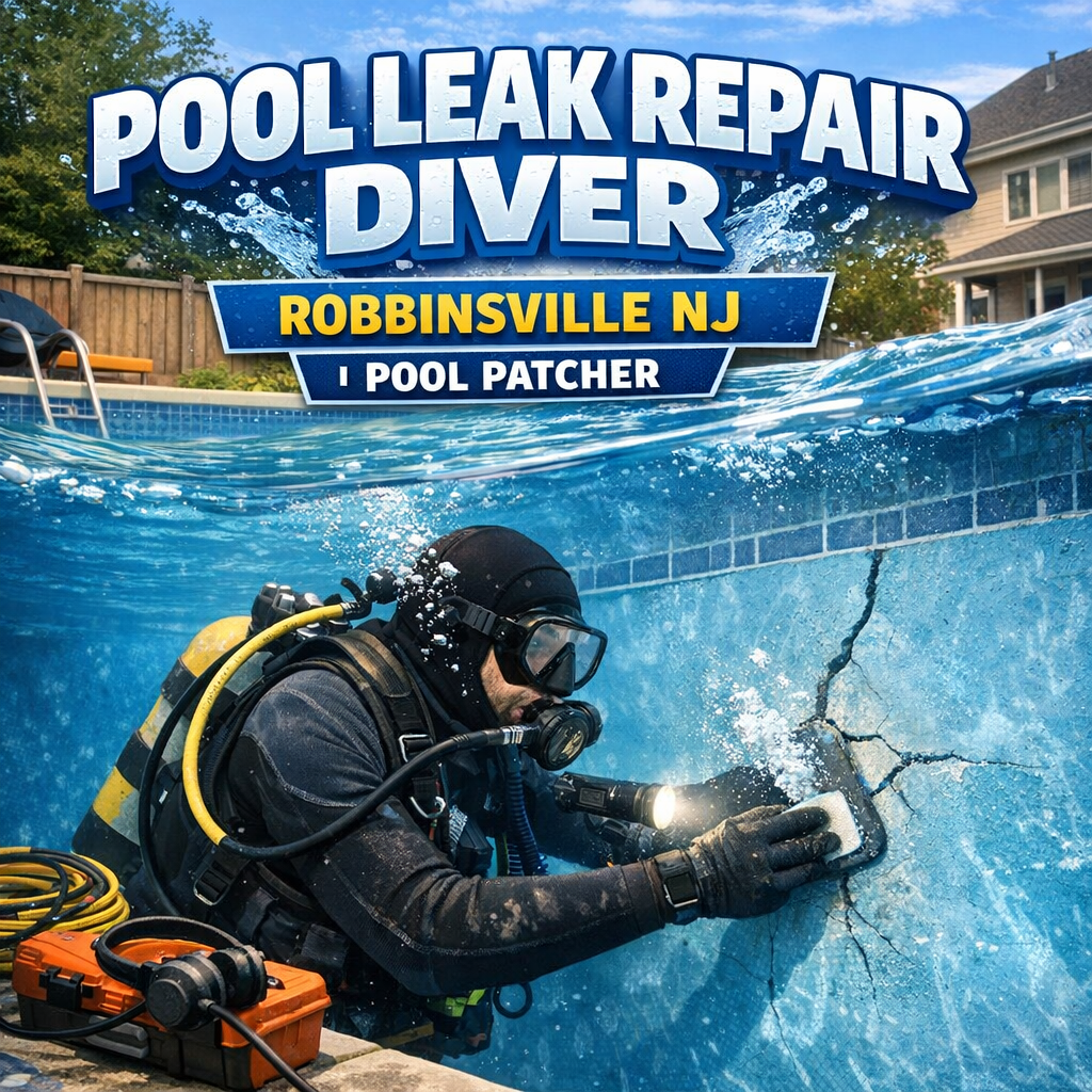 Professional diver repairing a cracked pool wall underwater in Robbinsville, NJ.