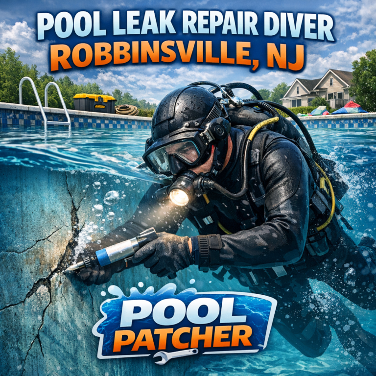 Diver in wetsuit repairing a pool leak underwater with tools in a clear blue pool.