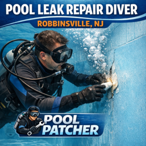 Professional diver repairing a pool wall underwater during a leak repair in Robbinsville, NJ.