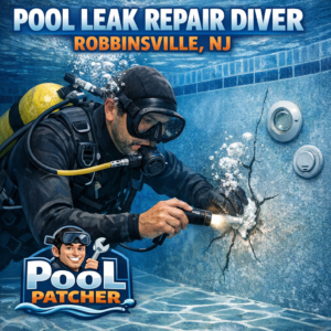 Professional diver repairing underwater pool cracks in Robbinsville, NJ with specialized leak repair equipment.