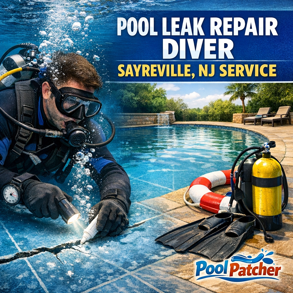 Diver performing professional pool leak repair underwater in Sayreville, NJ.