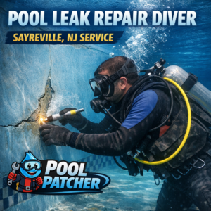 Professional diver repairing an underwater pool leak in Sayreville, NJ, using specialized equipment.