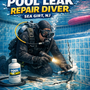 Diver wearing gear repairing cracks underwater in a Sea Girt NJ swimming pool.