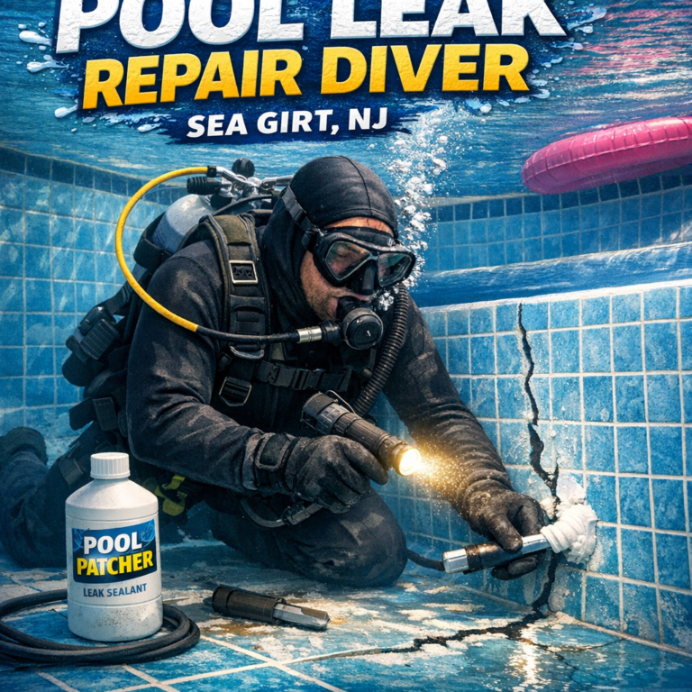 Diver wearing gear repairing cracks underwater in a Sea Girt NJ swimming pool.