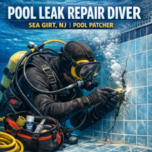 Underwater diver repairing pool tiles during a professional leak repair in Sea Girt, NJ.