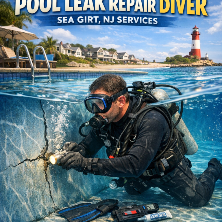 Diver inspecting and repairing cracks underwater in a pool for leak repair in Sea Girt, NJ.