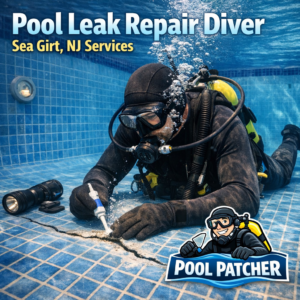 Diver repairing an underwater pool leak with patching tools in Sea Girt, NJ.