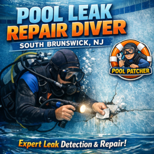 Professional diver in South Brunswick, NJ, repairing an underwater pool crack during a leak repair.