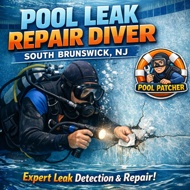 Professional diver in South Brunswick, NJ, repairing an underwater pool crack during a leak repair.