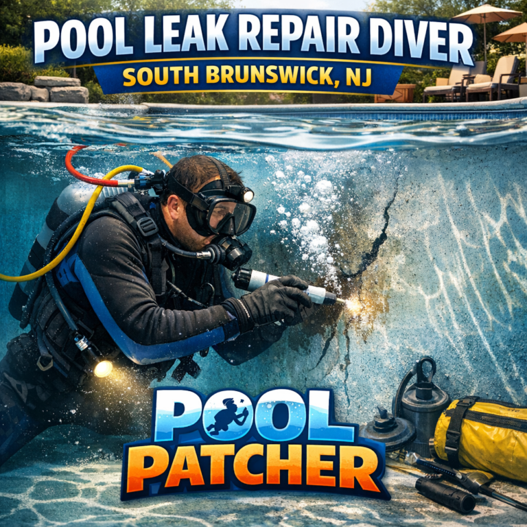 A professional diver repairs a pool leak underwater in South Brunswick, NJ.