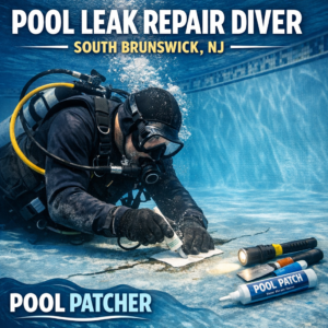 Diver repairing an underwater pool leak by applying a patch in a residential swimming pool.