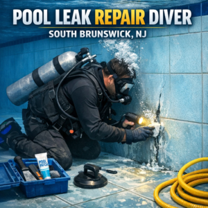 Professional diver repairing a crack underwater in a swimming pool in South Brunswick, NJ.