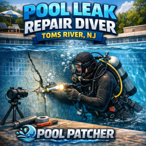Professional diver repairing a cracked pool wall underwater in Toms River, NJ.