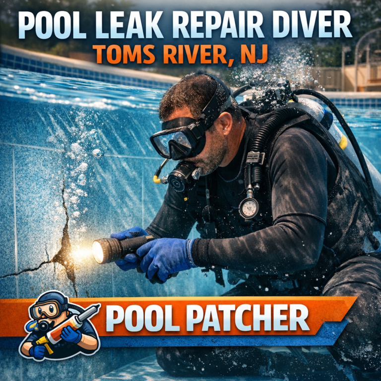 Professional diver inspecting pool underwater for leak repair in Toms River, NJ.