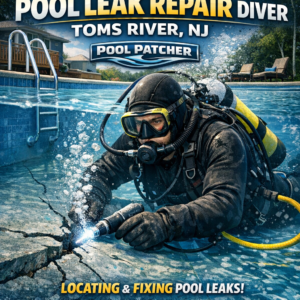 Diver repairing underwater pool cracks with specialized tools in Toms River, NJ pool leak repair.