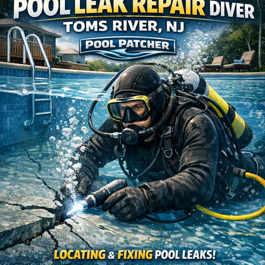 Diver repairing underwater pool cracks with specialized tools in Toms River, NJ pool leak repair.