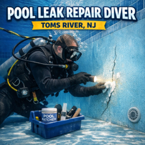 Professional diver repairing a cracked pool wall underwater in Toms River, NJ.