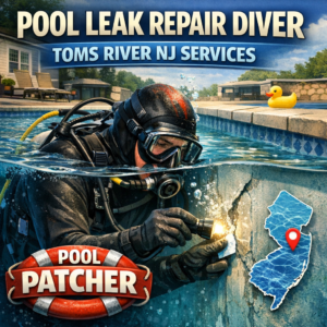 Diver in wetsuit repairing a pool leak underwater, demonstrating professional pool leak repair services.