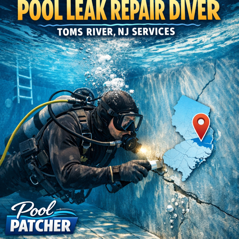 Diver repairing a pool leak underwater with tools, ensuring pool maintenance in Toms River, NJ.