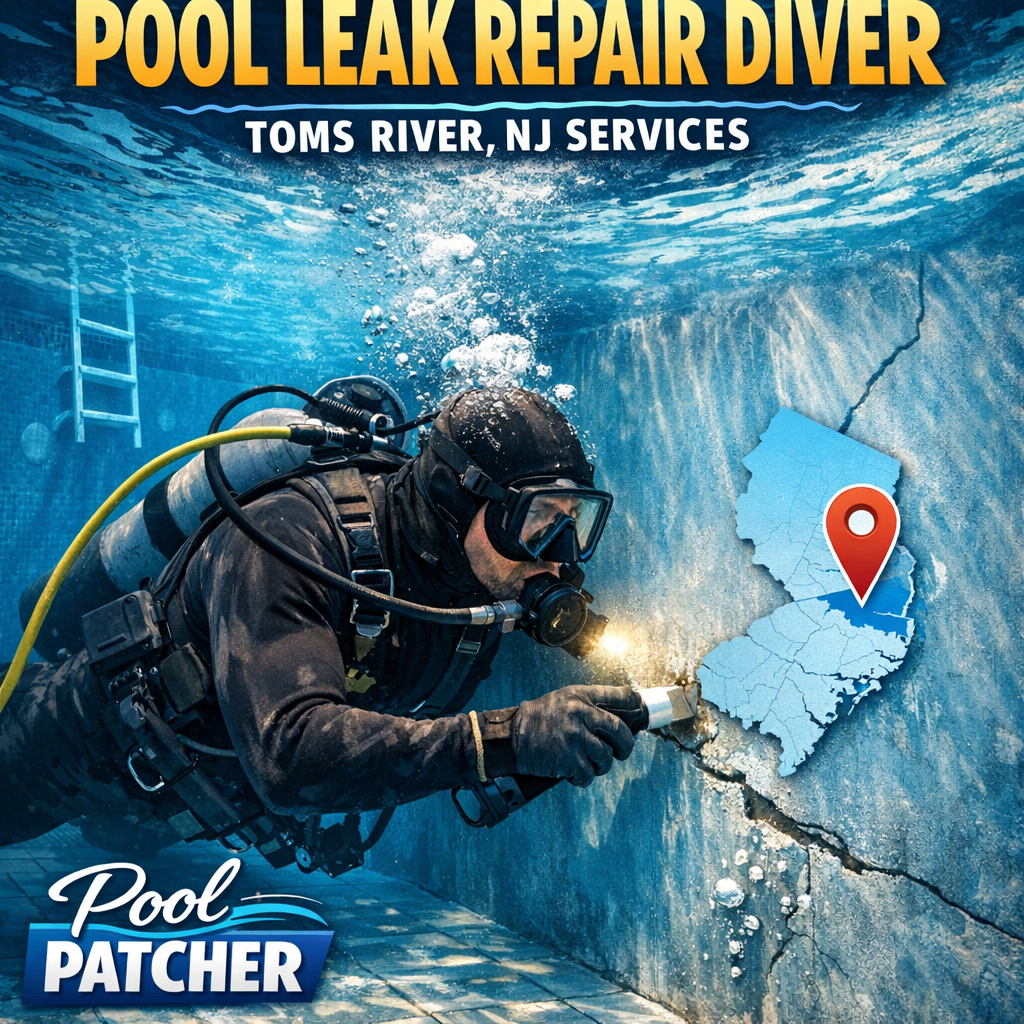 Diver repairing a pool leak underwater with tools, ensuring pool maintenance in Toms River, NJ.