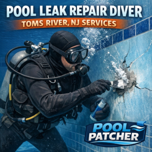 Diver repairing a cracked pool wall underwater during a professional pool leak repair in Toms River, NJ.