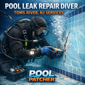 Diver repairing underwater pool tiles to fix a leak in a pool in Toms River, NJ.