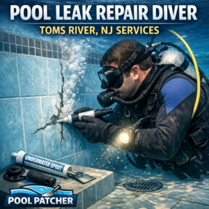 Diver repairing a cracked pool wall underwater during a professional leak repair in Toms River, NJ.