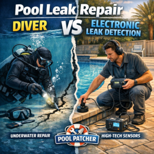 Split image showing a diver repairing a pool leak underwater and electronic leak detection using high-tech sensors.