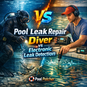 Side-by-side image showing a diver inspecting a pool and electronic leak detection equipment used for pool leak repair.