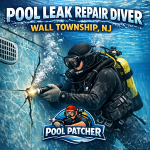 Professional diver repairing an underwater pool leak in Wall Township, NJ, using specialized equipment.