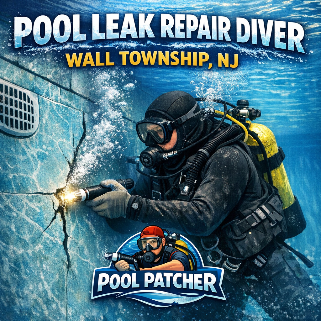 Professional diver repairing an underwater pool leak in Wall Township, NJ, using specialized equipment.