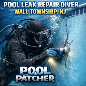 Professional diver repairing an underwater pool leak in Wall Township, NJ, using specialized tools and equipment.