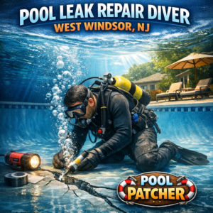 Underwater view of a diver repairing cracks in a pool for leak repair in West Windsor, NJ.