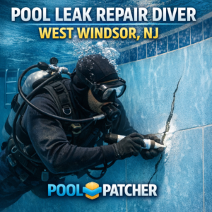 Professional diver repairing a crack underwater in a swimming pool in West Windsor, NJ.