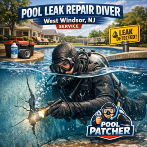 Diver repairing an underwater pool leak with specialized equipment in a residential pool in West Windsor, NJ.