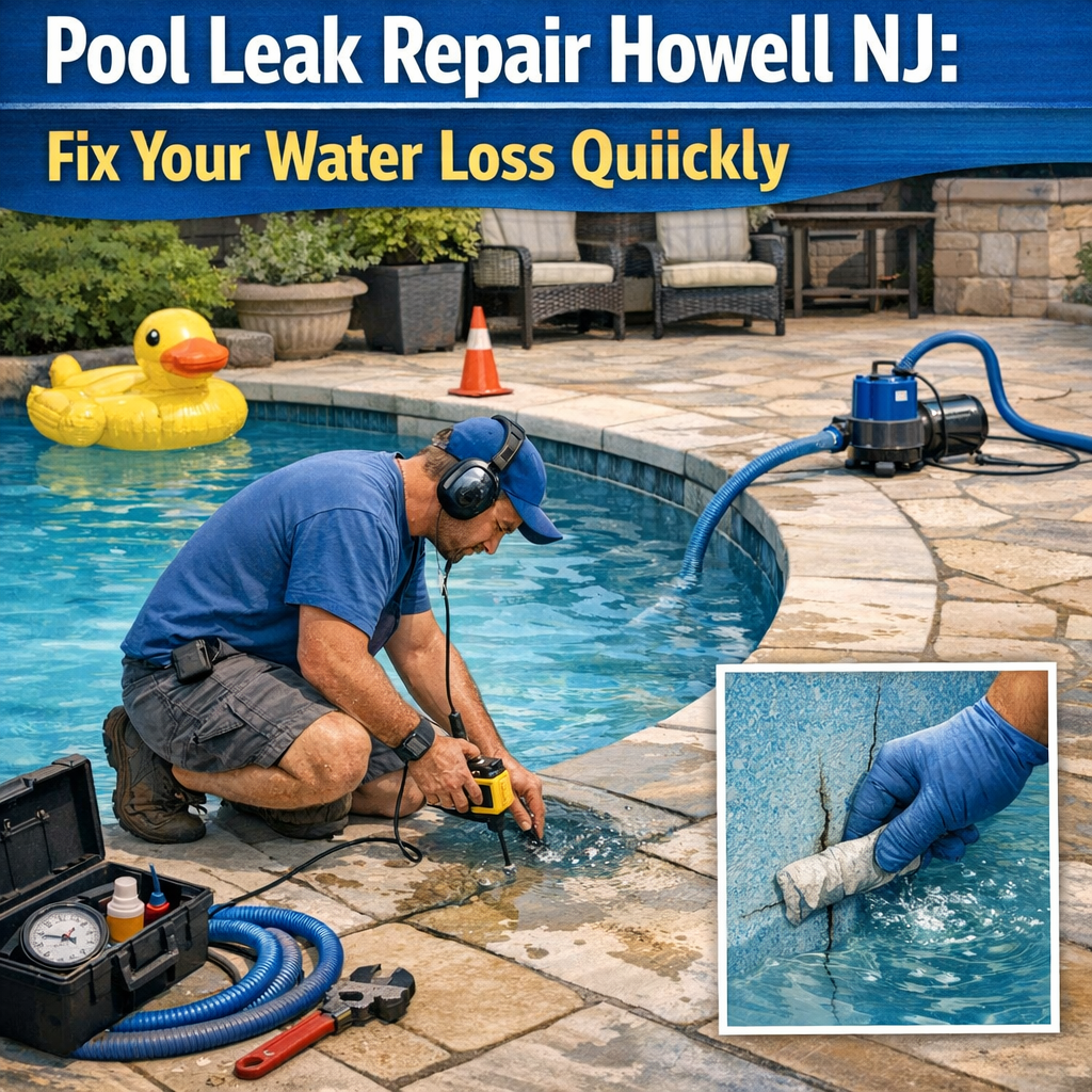 Technician repairing a pool leak in Howell NJ, fixing water loss quickly with specialized equipment.