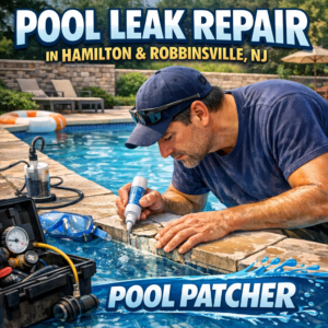 Technician repairing a pool leak outdoors with tools and equipment in a residential backyard.