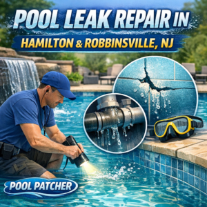 Technician inspecting a pool leak with repair tools at a residential pool in Hamilton, NJ.