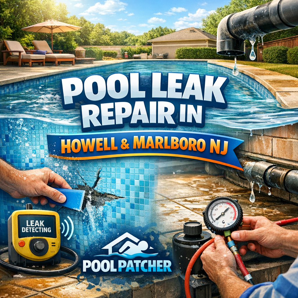 Technician repairing a swimming pool leak with tools and equipment in Howell and Marlboro, NJ.