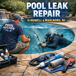 Technician repairing a pool leak with tools near a backyard pool in Howell and Marlboro, NJ.