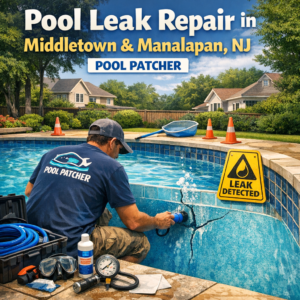 Technician fixing a pool leak with specialized tools in a backyard pool in Middletown and Manalapan, NJ.