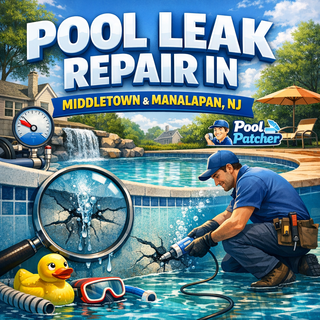 Technician fixing a pool leak at a residential backyard pool with tools and equipment.