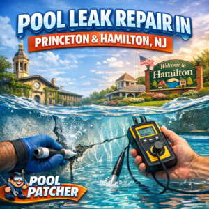 Technician repairing a leak in a pool using specialized tools and equipment.