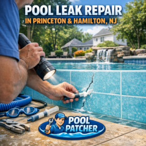 Technician repairing a swimming pool leak with specialized equipment.