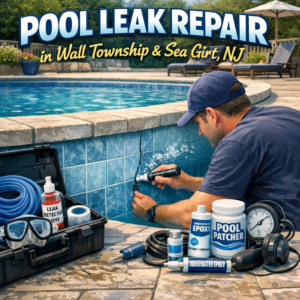 Technician repairing a pool leak by patching a crack in a residential pool wall.